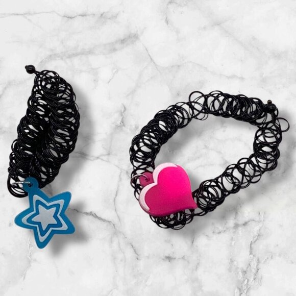 Glow In The Dark Black Choker Costume Necklaces & Pendants Set With Pink Heart & - Picture 1 of 5